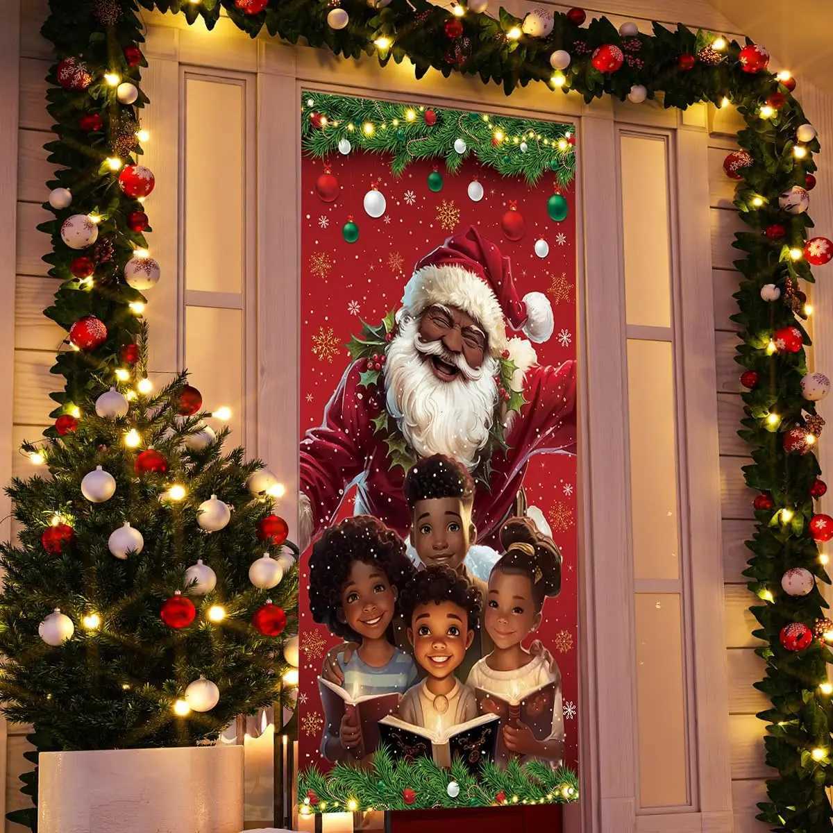 African American Christmas Door Cover Black Santa Claus Banner Black African American Christmas Decor Merry New year Xmas DecorM251115