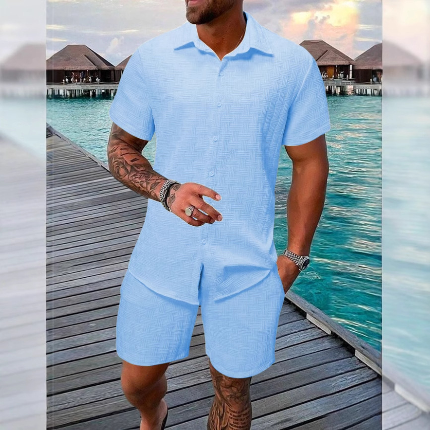 Summer mens suit jacquard black and white solid color suit short sleeved mens vacation casual style shirt base men