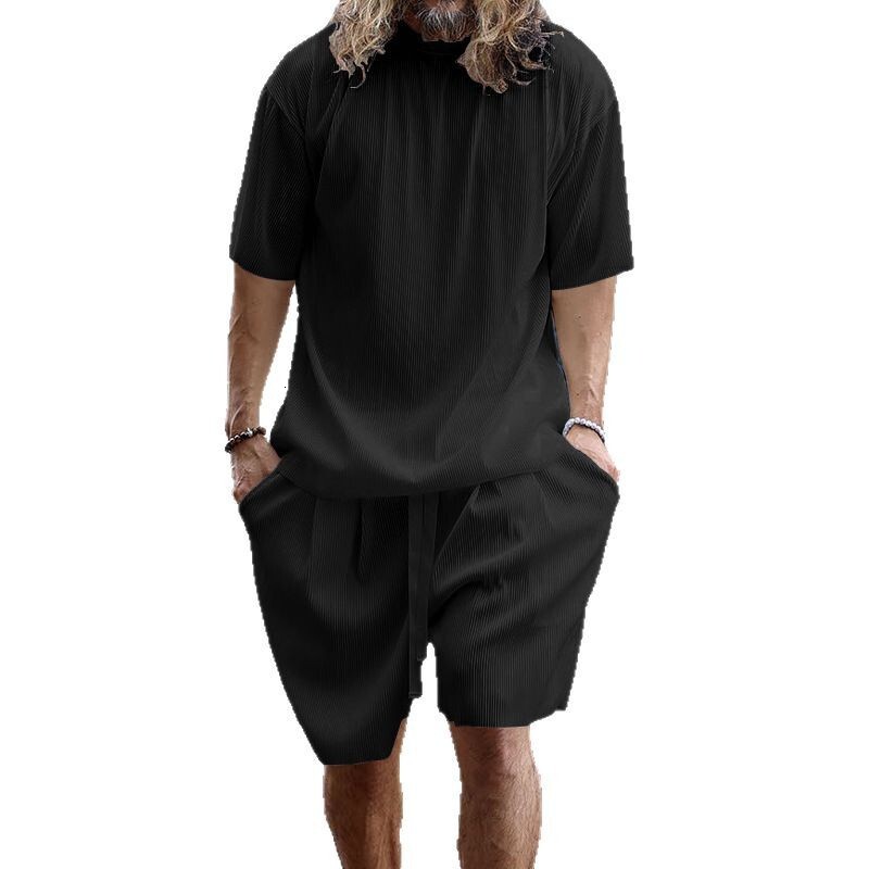 2025 Summer Men's Vertical Stripe Loose Short Sleeve Shorts Sports and Leisure Round Neck Two Piece Set for Men