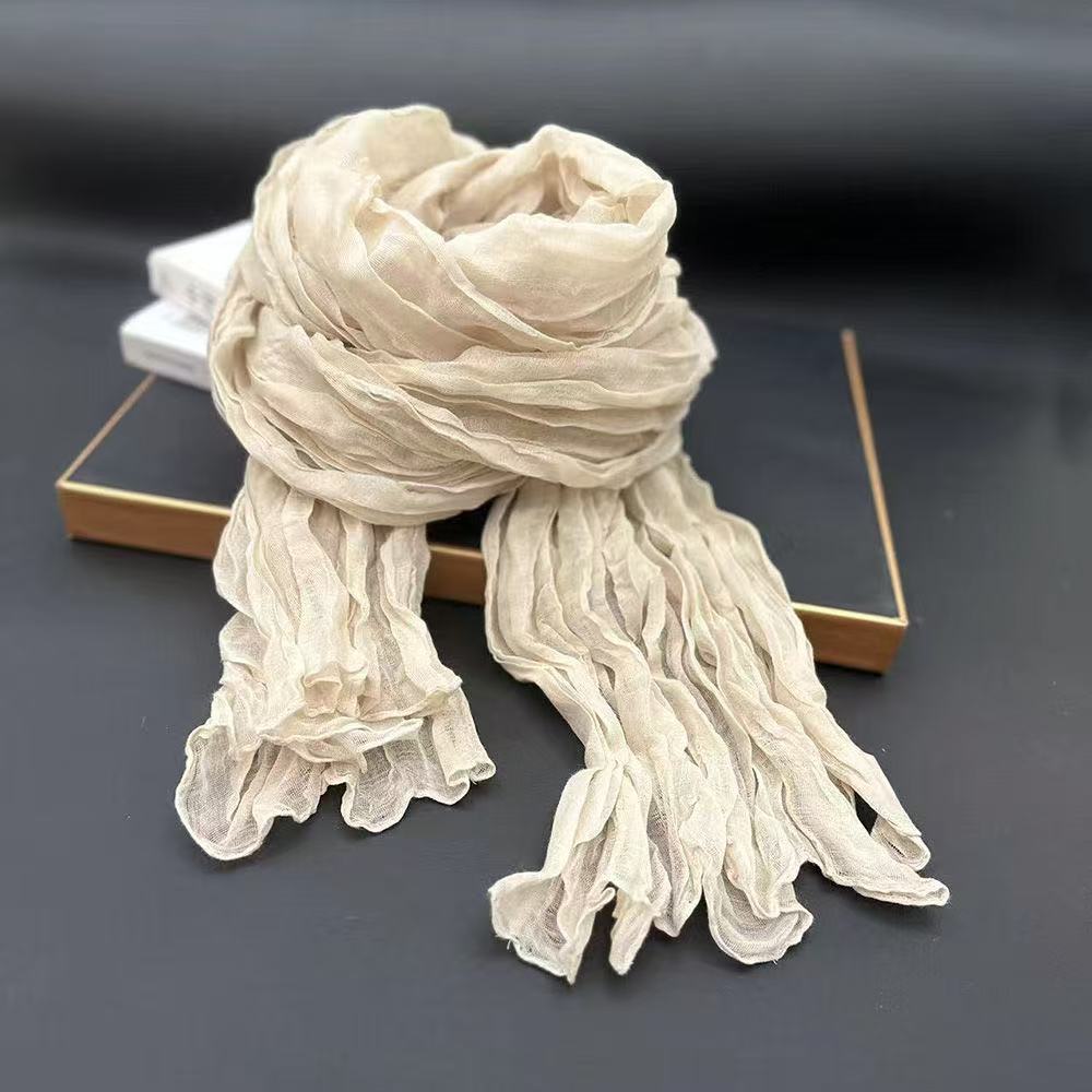 T476 Japanese cotton and linen scarf all-match pleated solid color silk scarf female autumn and winter warm literary thin shawl Korean version neck sc