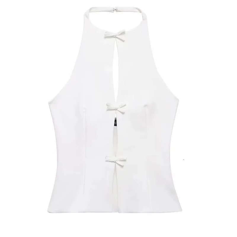 TRAF Off Shoulder Halter Pink Top Woman Cut Out Bow White Crop Top Women Summer Backless Sexy Tank Tops Fitted Y2K Party Top 250415