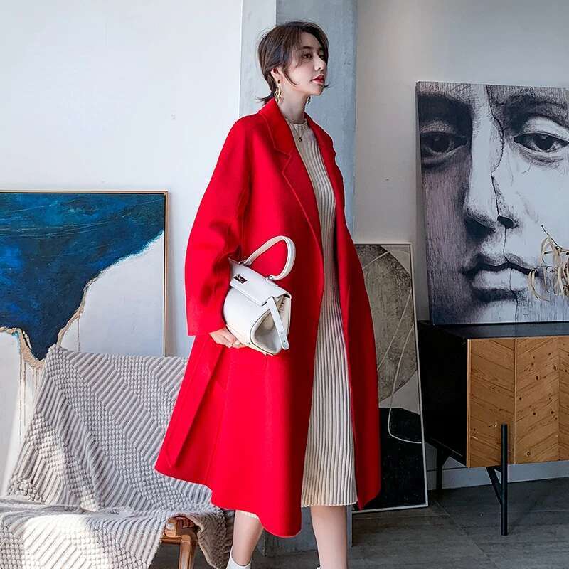 2024 Fall Winter Jacket Ripple Double-Sided Wool Cashmere Coat High-End Bathrobe Style Windbreaker Women Belt Long Thick Warm