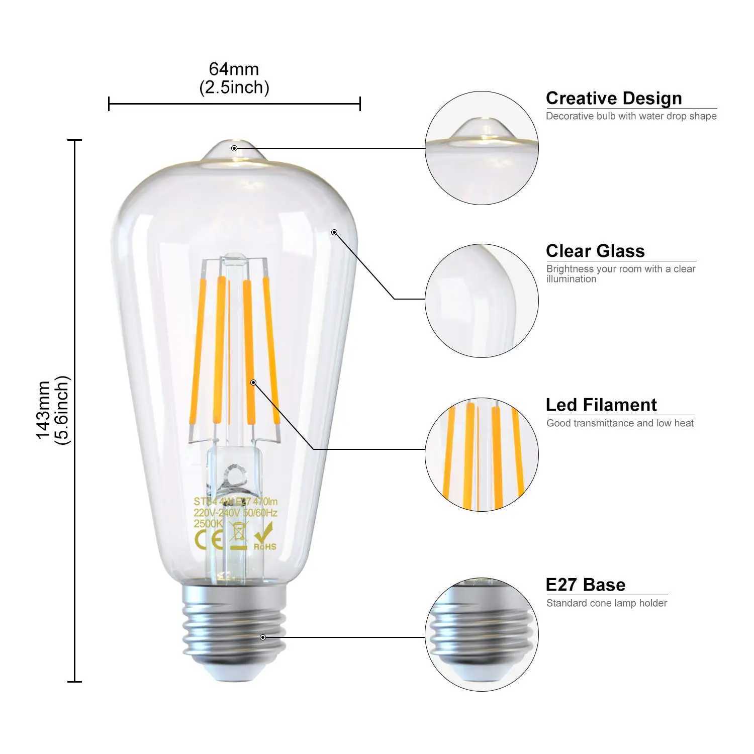 E27 LED ST64 4W 6W 8W Edison Retro Vintage Filament 85V-265V Warm white 2700K 4500K 6500K COB LED Bulb Light Lamp C251115