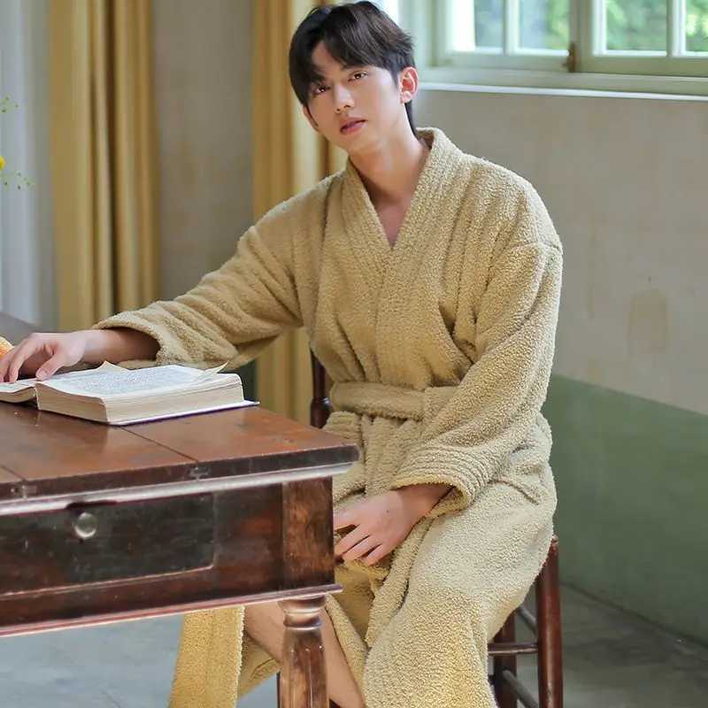 Couple Robe for Men Sleepwear Bathrobe Warm Fleece Pajama 2025 New Winter Night Wears Solid One Piece Nightgown Pocket Homewear C251115