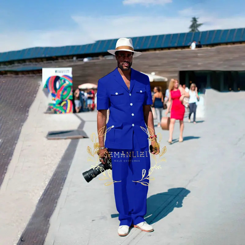 Fashion 2piece sky blue linen summer mens wedding dress suitable for grooms evening gown casual beach short sleeved suit jacket pants 250414