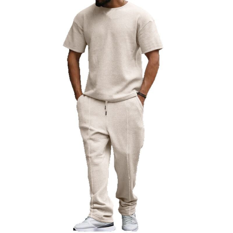 Men's short sleeved and long pants set, waffle oversized round neck casual set