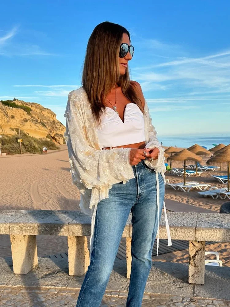 Womens Chic Sparkling Sequins Lace Up Cardigan Coat Spring Fashion Womens V-neck Long Sleeve Jacket 2025 Lady Party Streetwear 250410