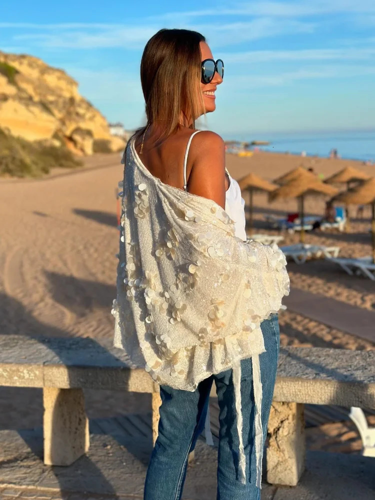 Womens Chic Sparkling Sequins Lace Up Cardigan Coat Spring Fashion Womens V-neck Long Sleeve Jacket 2025 Lady Party Streetwear 250410