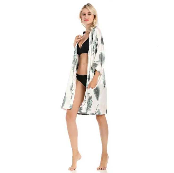 tropical robes V Neck Belted Women Half Sleeve Sleepwear Elegant Satin Dressing Gown Bathrobe Home Pajamas C251115