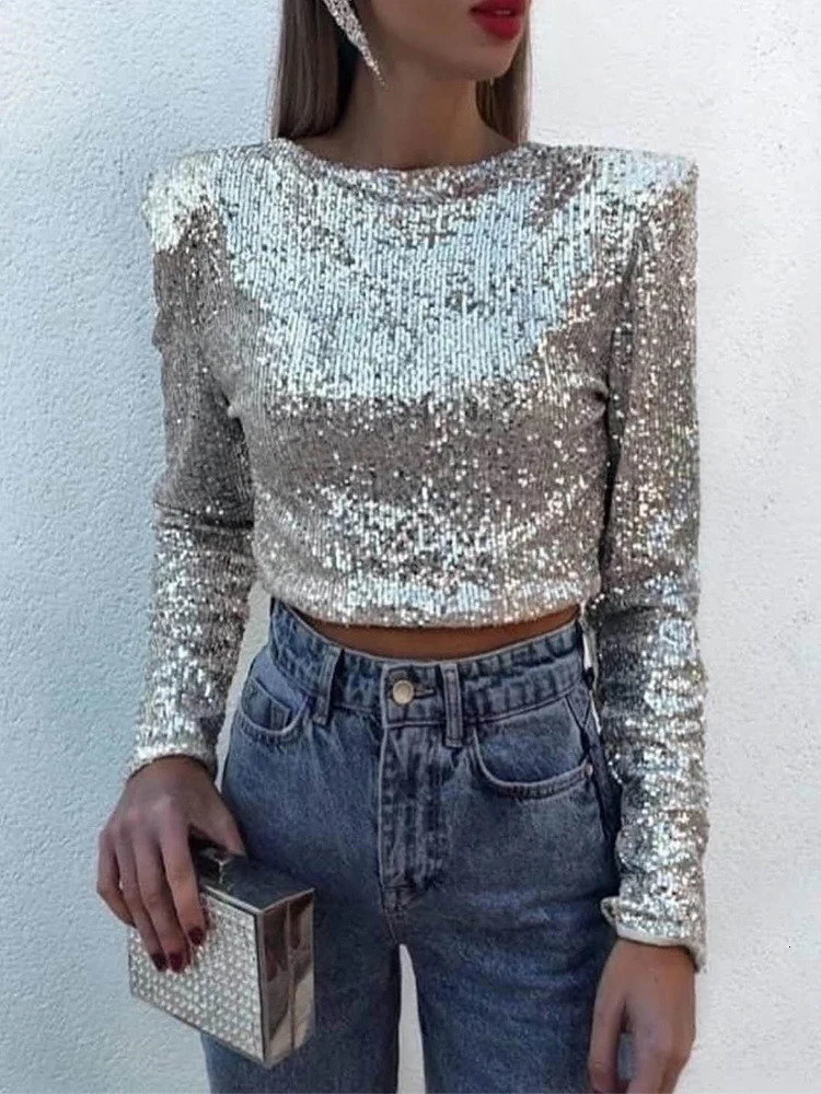 Women Sequined Long Sleeve Crop Top SilverSolid O-neck Slim Fit Glitter Shiny Tshirts Fashion Party Club Wears 250415
