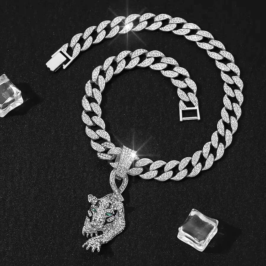 DHcollection Full Iced Out Crystal 13mm Miami Cuban Chain With Rhie Poker Pendant Necklace