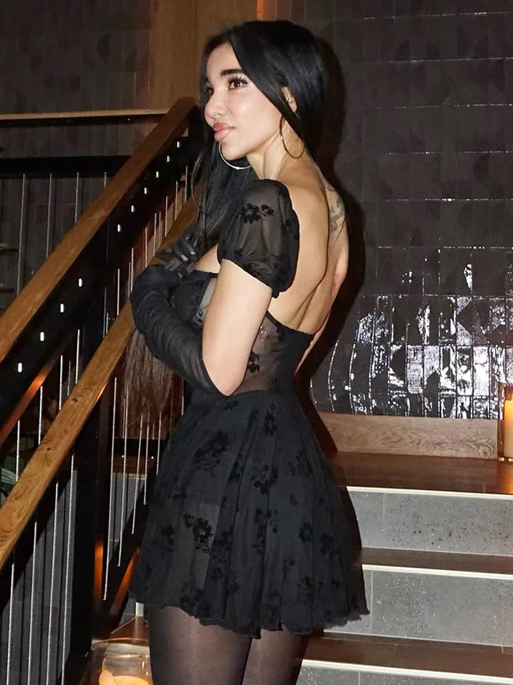 Mozision See Through Lace Sexy Mini Dress Women Patchwork Short Sleeve Square Collar Backless High Waist Pleated Club Dress 250415