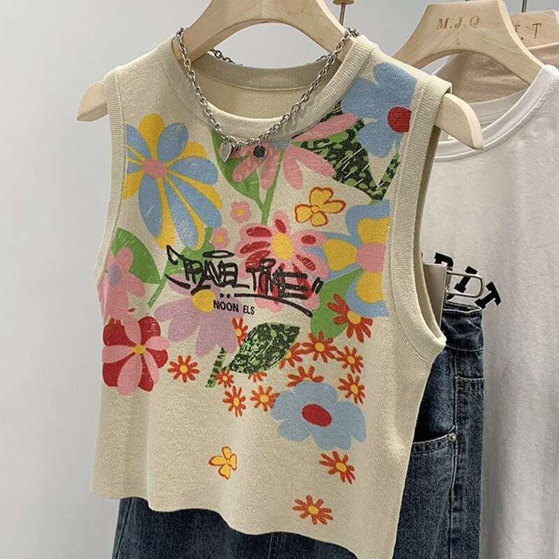 Summer Vintage Y2k Chic Graffiti Printed Knitted Tanks Women Korean Fashion Sleeveless Short Style Casual Top Pullovers