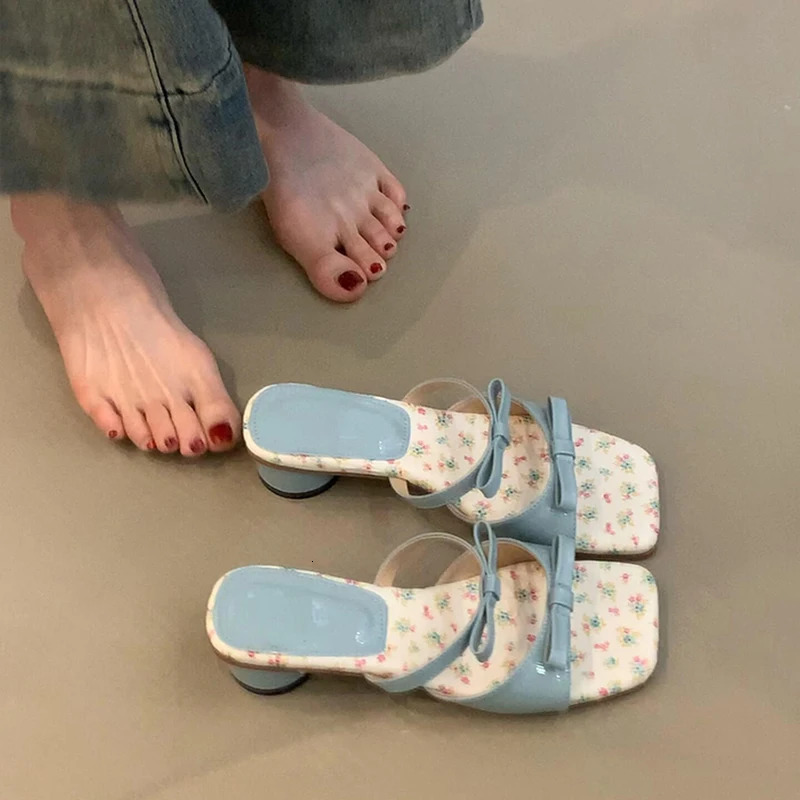 Summer Womens Square Toe Low Heels Slippers Concise Butterfly-knot Slides Party Wedding Candy Color Female Shoes 250411