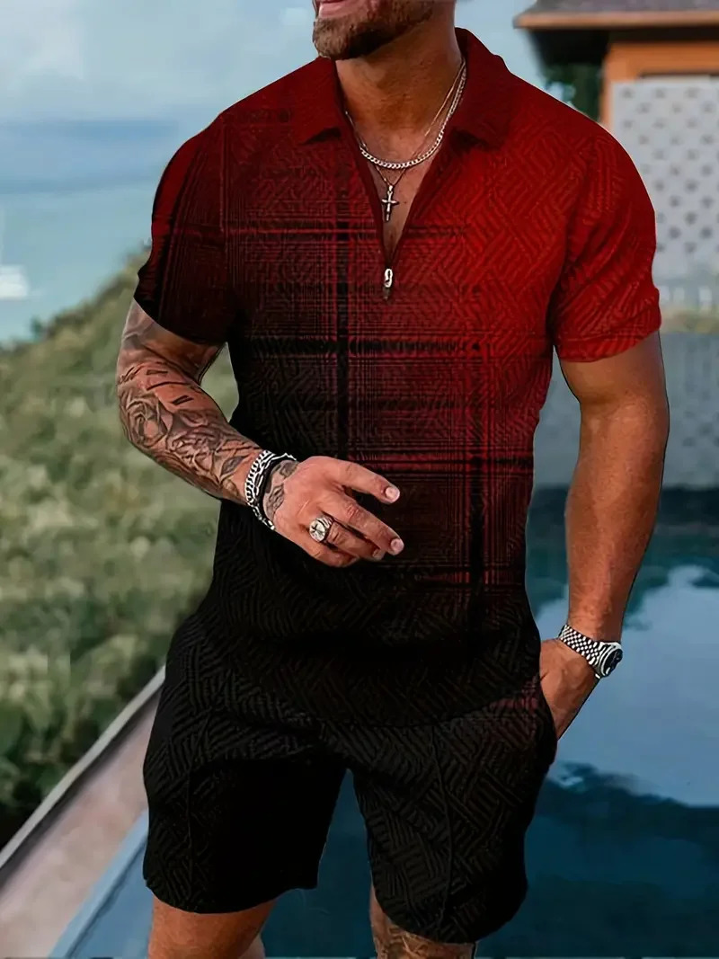 Zipper POLO Shirt Shorts Set Summer Fashion Casual Mens Sports Set 3D Printed Simple Style Lapel Zipper POLO Shirt 2 Sets 250415