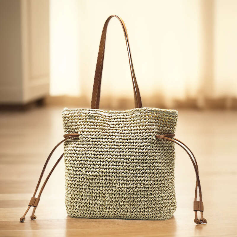 Handmade Beach Bag 2024 New Drawstring Hook Single Shoulder Crossbody Women's Bag, Large Capacity Straw Woven Bag Kq2