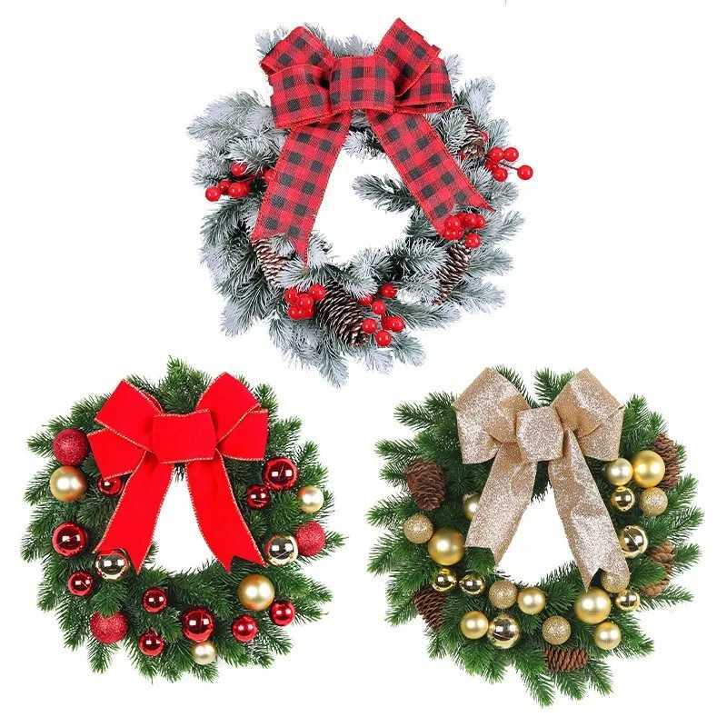 30/40/45cmArtificial Christmas Wreath Winter Greenery Wreath with Red Berries And Velvet Bow Front Door Holiday Porch Wall DecorM251115