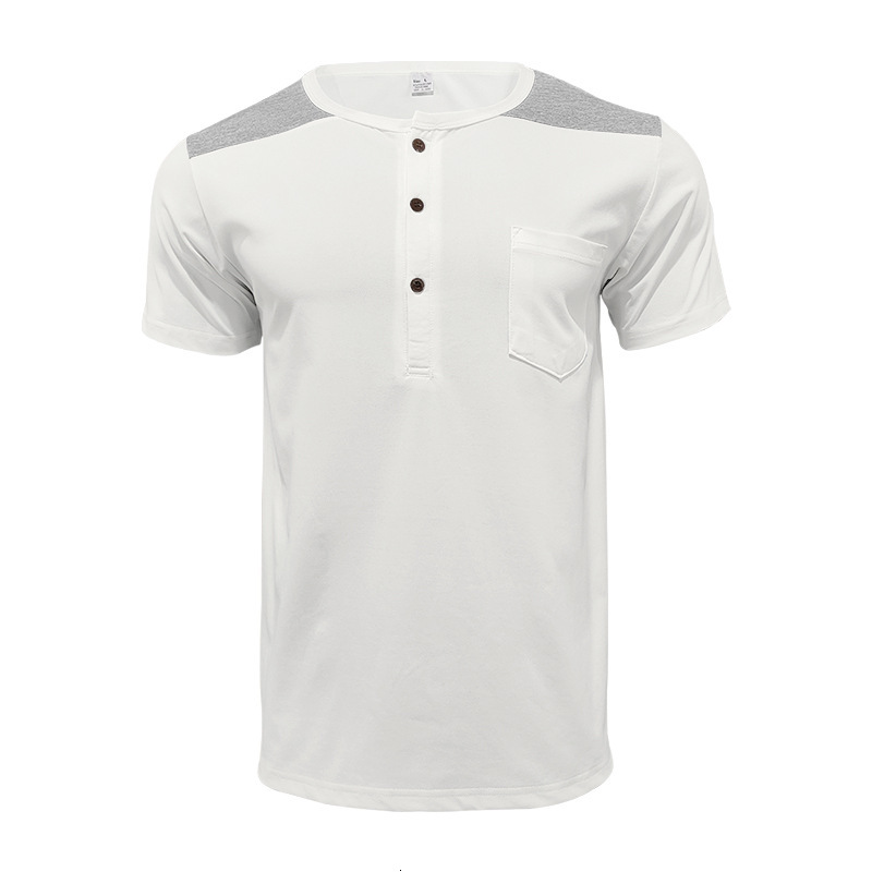 2025 Summer Short sleeved Men's T-shirt Trendy Big Collar Color blocked Thin Henley Top for Men