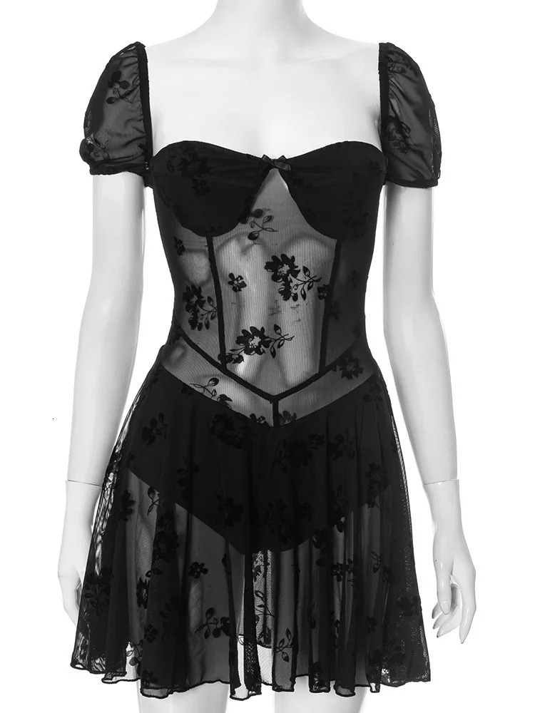 Mozision See Through Lace Sexy Mini Dress Women Patchwork Short Sleeve Square Collar Backless High Waist Pleated Club Dress 250415