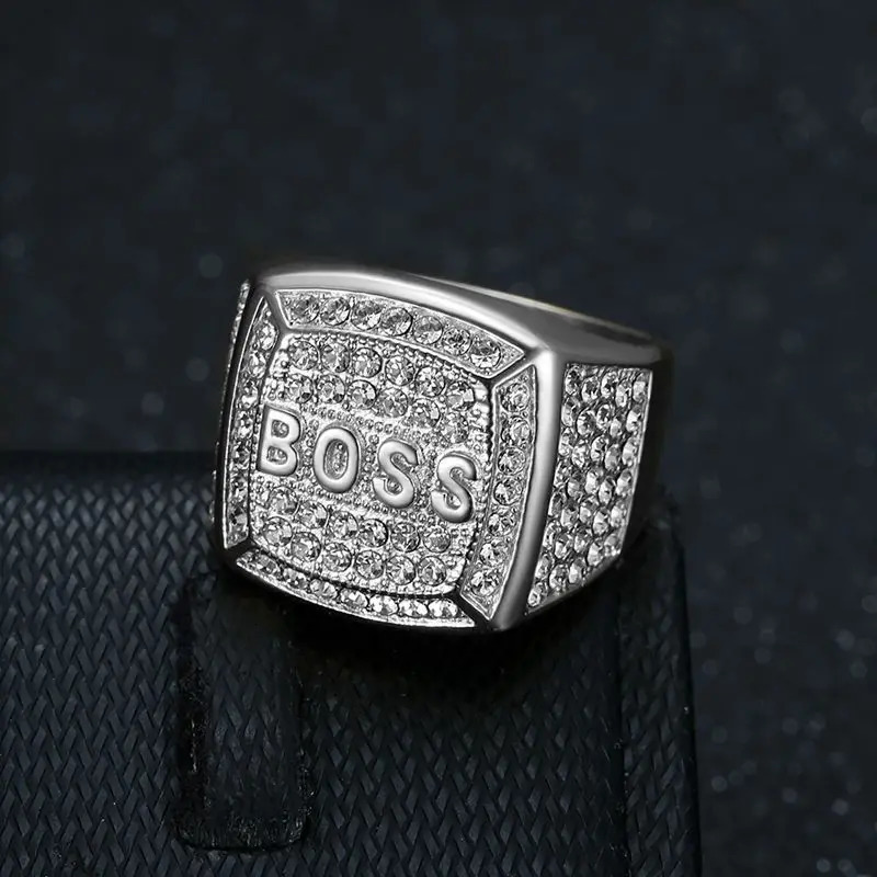 Hip Hop Bling Iced Out Stainless Steel BOSS Finger Rings for Men Rapper Jewelry Gold Silver Color Drop 250414