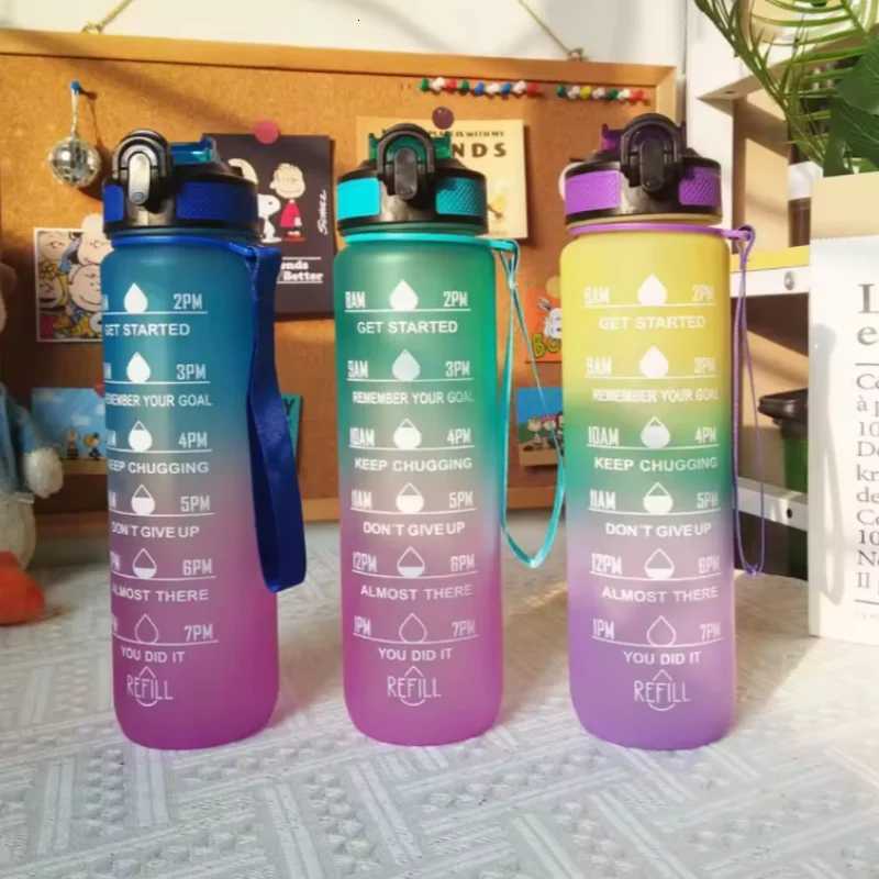 Gradient Color 1000ml Plastic Water Bottle with Straw Leak-Proof Sports Water Bottle for Outdoor Travel Fitness CyclingW251114