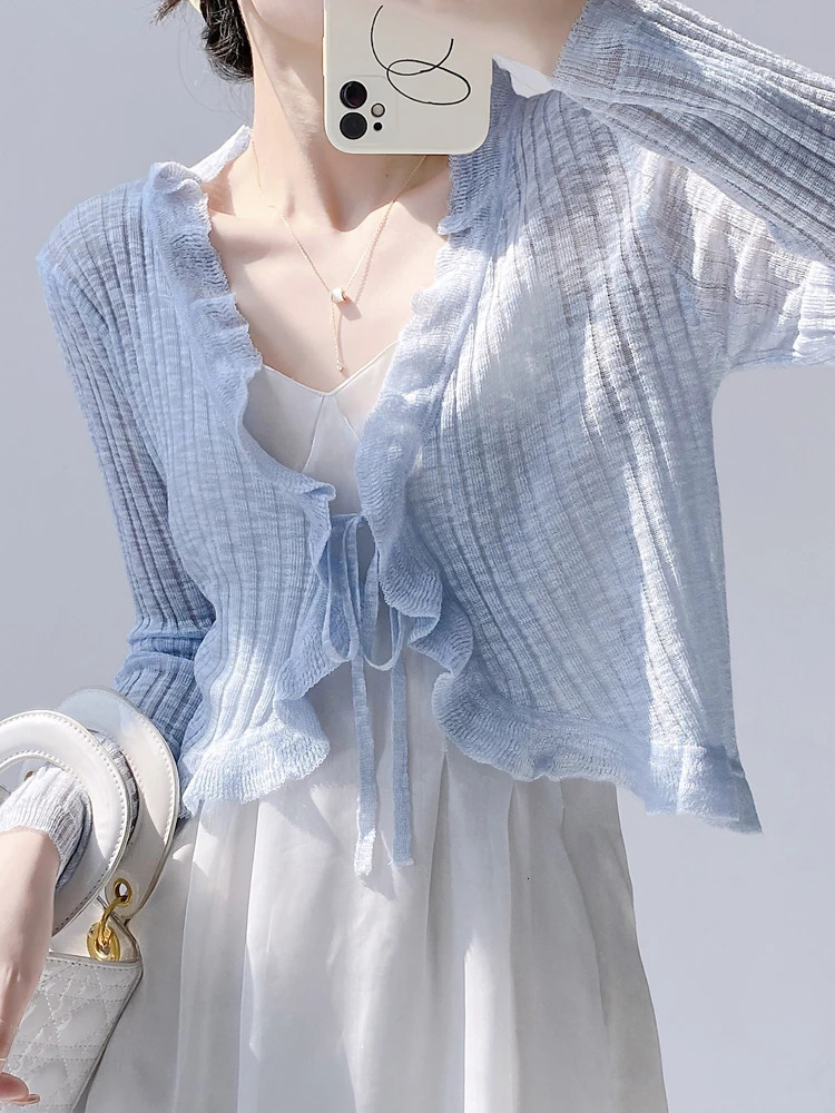 Lace border button long sleeved crop top womens short open front rib knitted cardigan summer Fairycore dress 250407