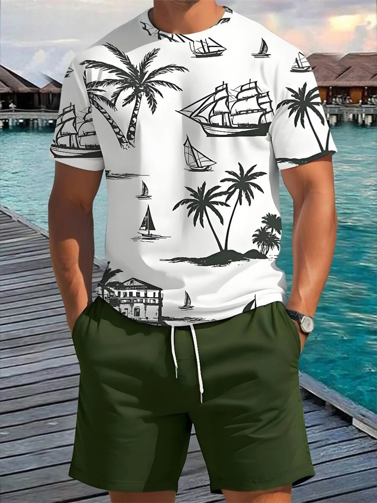2 Piece Summer Casual Everyday Mens Short Sleeve Shorts Set Hawaiian Print Mens T-shirt Outdoor Sports Mens Beach Shorts 250415