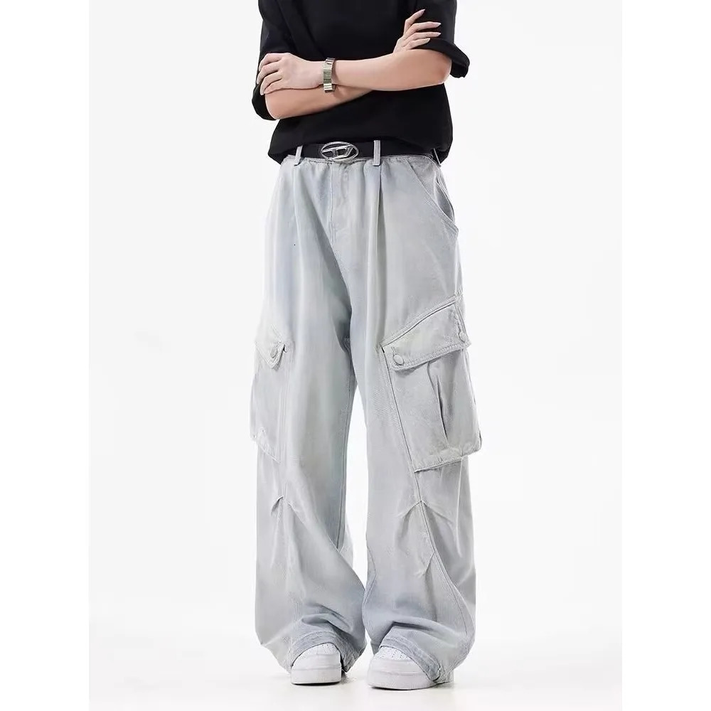 Utumn Winter Womens Cargo Jeans American Street Style Bagged Pants Blue Multi Pocket Wide Leg 250407