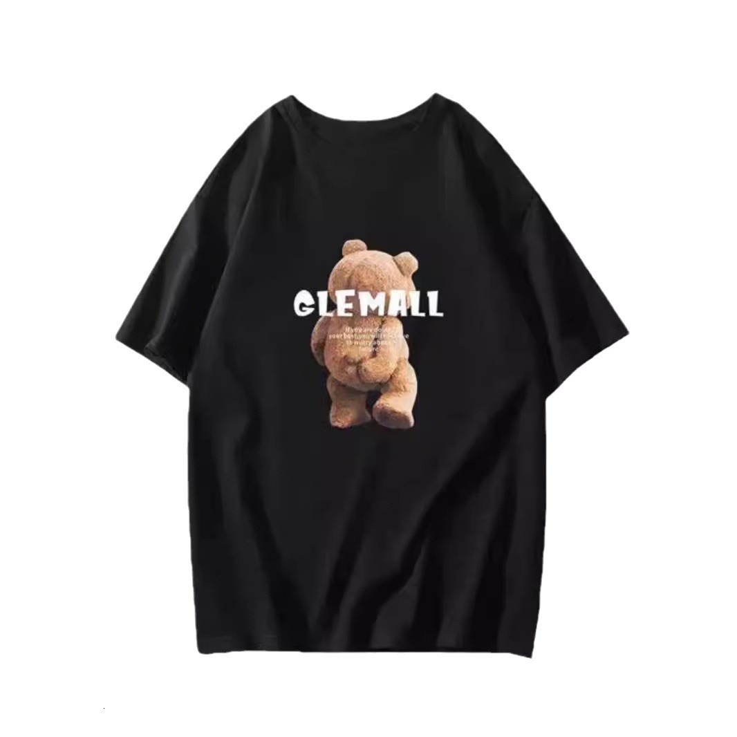 2025 Designer Women's Washed Off Shoulder T-shirt Short Teddy Bear Printed Short Sleeve T-shirt Fashion Brand Summer Loose Couple Half Sleeve Top
