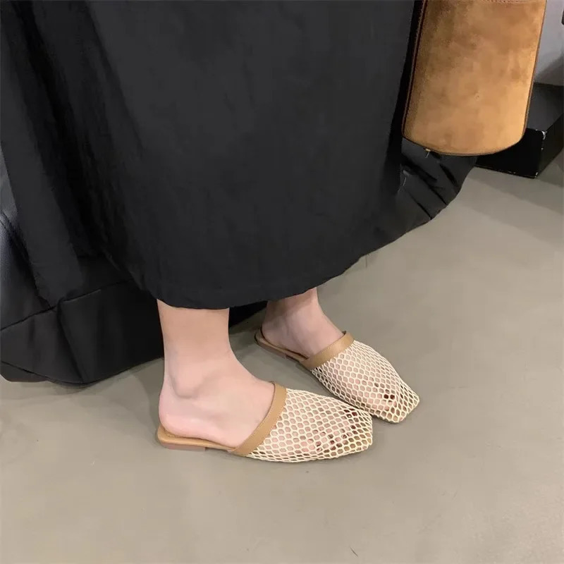 Womens Slippers Flat Sole Large Mesh Upper Square Toe Womens Mules Dress Daily Commute Roman Cover Toe Zapatillas De Mujer 250411