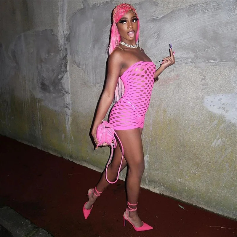Pink Mini Dress Women Strapless See Through Backless Sleeveless Skinny Vestido Female Party Night Clubwear Mesh Lingerie Dress 250415