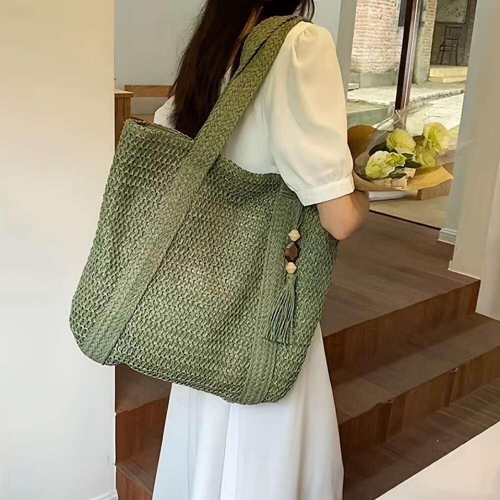 Handmade Beach Bag Woven Solid Color Grass Casual Woven Large Capacity Tote Vacation Beach Bag, Women's Bag Kq2