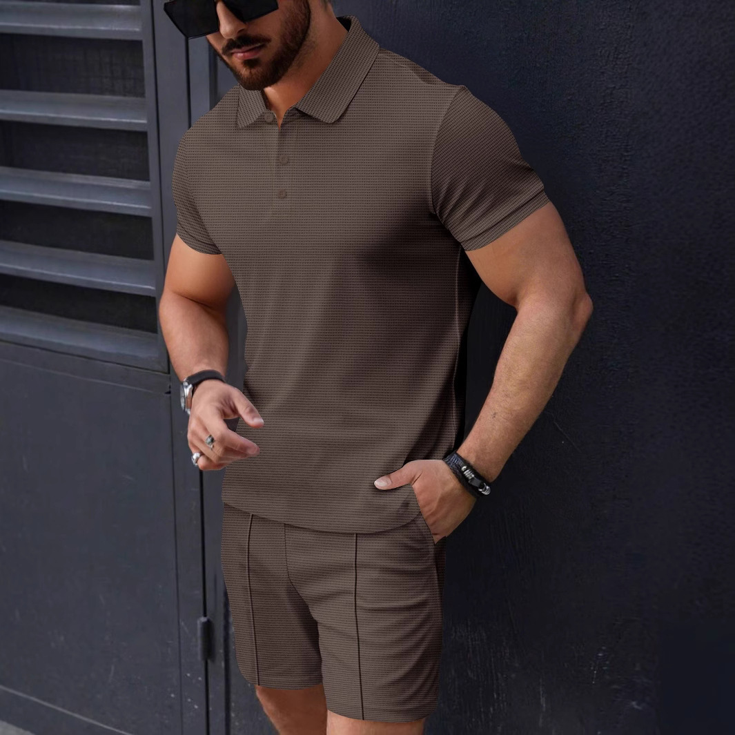 Summer fashion mens small square solid color lapel short sleeved polo shirt shorts casual breathable set
