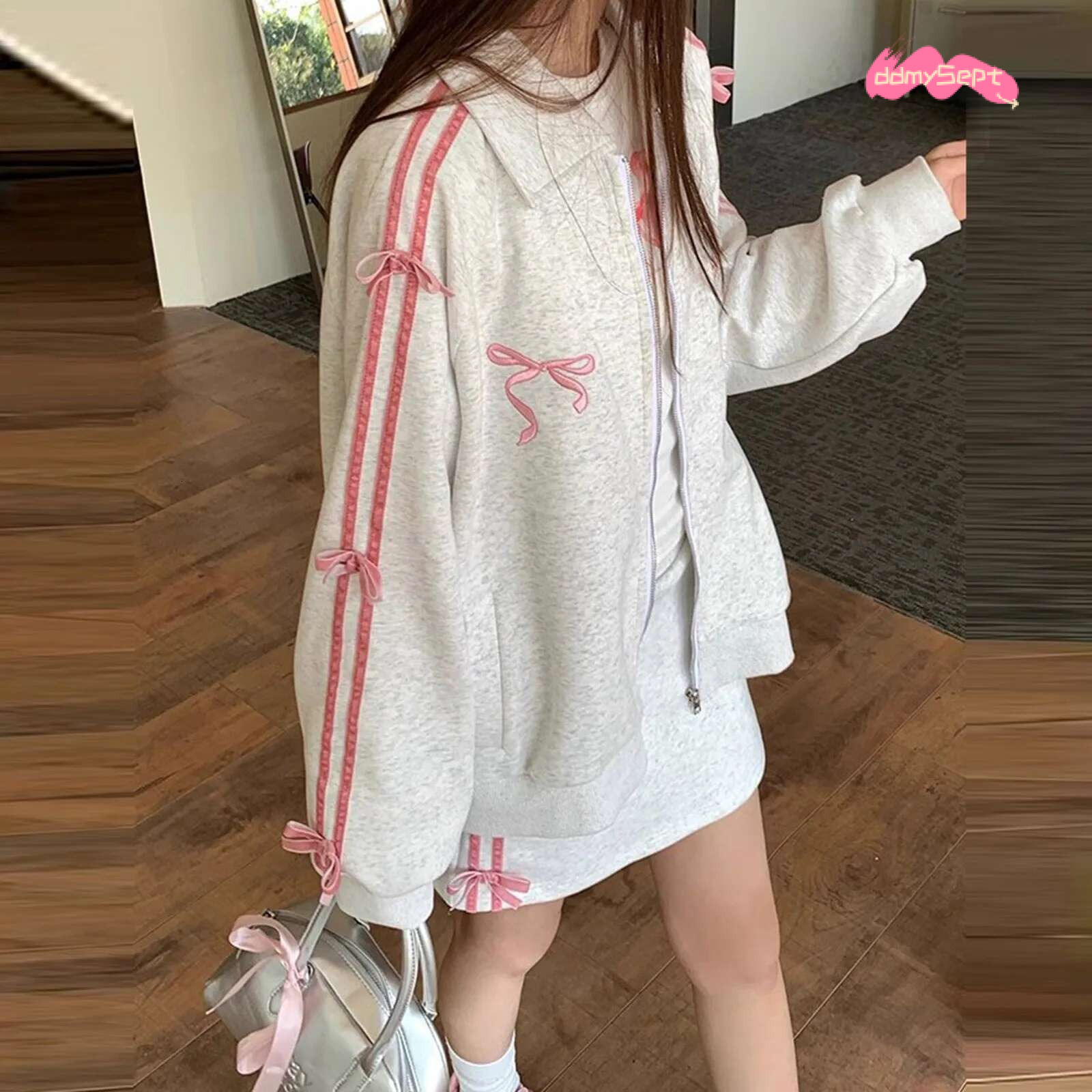 Casual Set Women Bowknot Sweatshirt Jacket + Half-Body Korean Kpop Y2k Bow Embroidered Zip Up Hoodies And Mini Skirt Sets ddmySept
