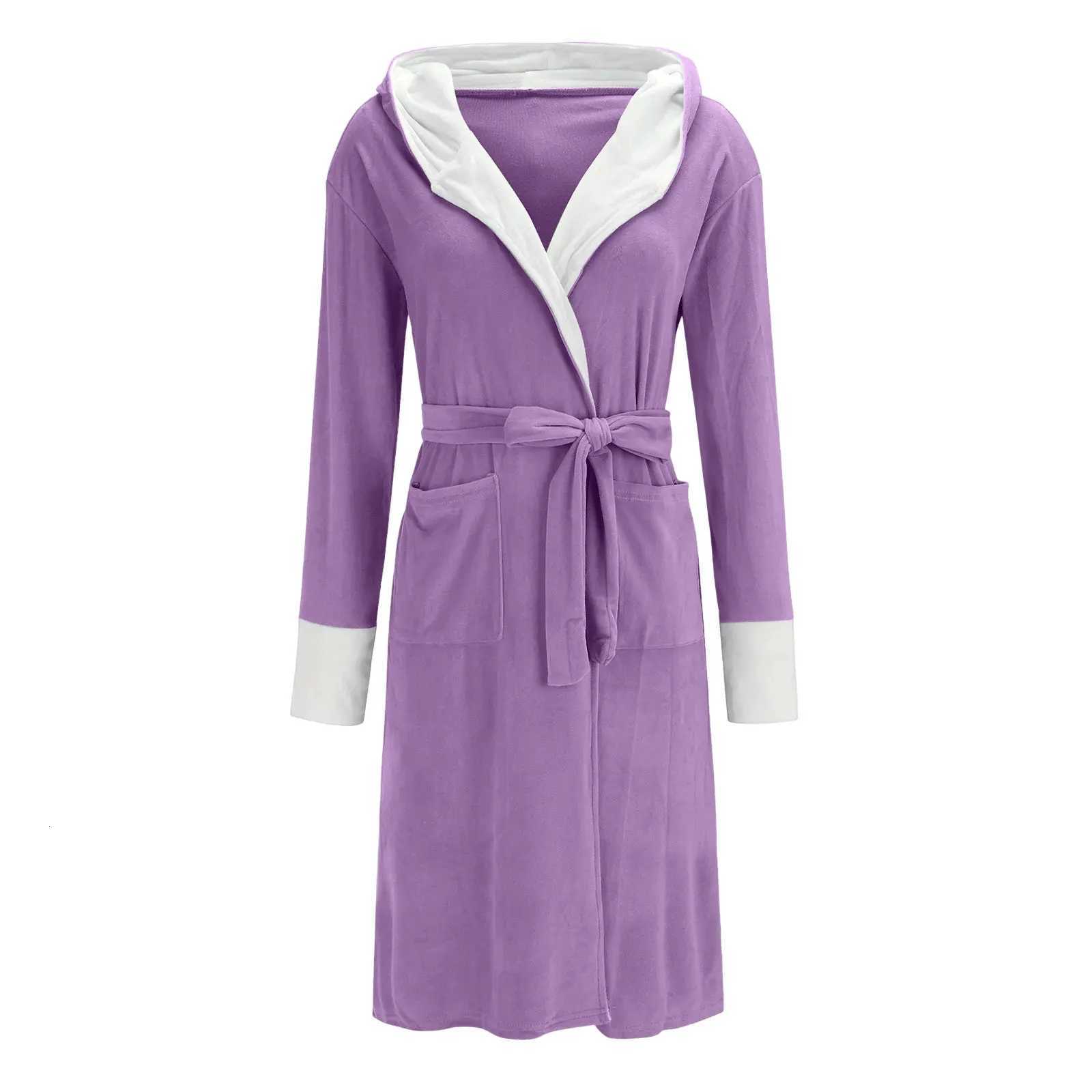 Womens Solid Color Winter Flannel Bathrobe Long-Length Pajama et With Pocket Thick Loungewear Robe Belt Homewear Bathrobe C251115