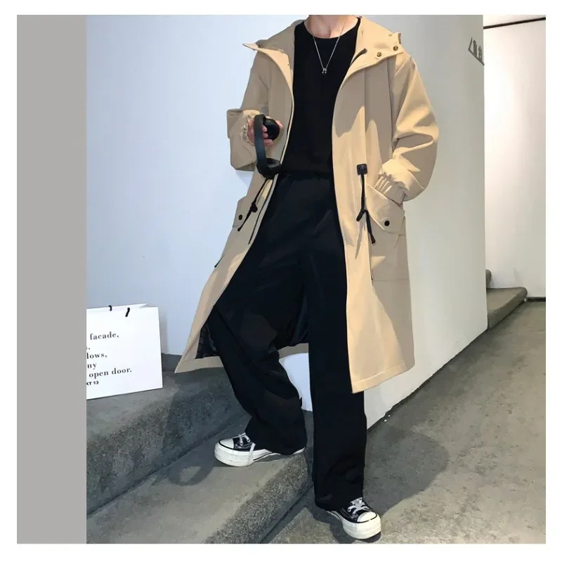 Autumn windproof jacket mens mid length pocket jacket Hong Kong style fashionable and handsome hooded jacket trench coat 250415
