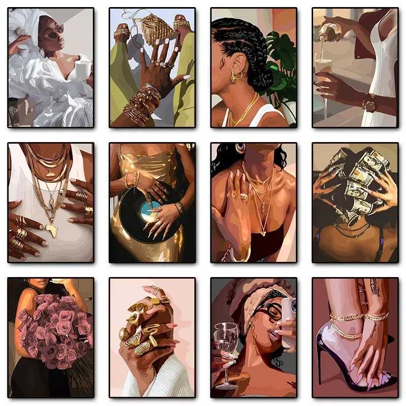 Fashion Make Up Black Girl Femme africaine Beau bijoux ongles Affiche Canvas Peinture Mur Art Picture Girls Room Home Decor Z250415