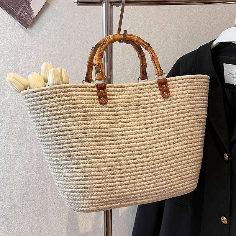 Handmade Beach Bag Striped High-Capacity Cotton Thread New Imitation Bamboo Joint French Grass Woven Portable Beach Bag, Women's Bag Kq2