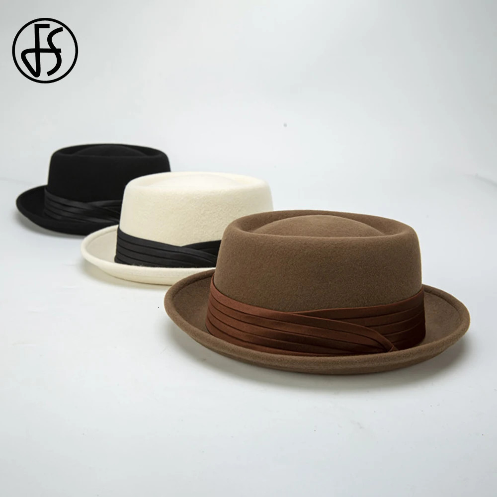 FS Roll Brim Black Pork Pie Hat For Men Ivory White Wool Fedoras Deep Camel Jazz Cap Church Panama Gangsters Caps Gentlemen 250407