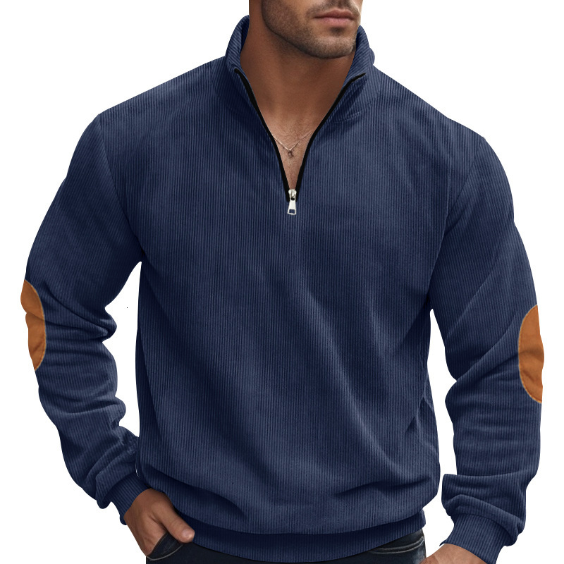 Autumn half zip men's long sleeved sweatshirt, corduroy stand collar loose pullover jacket for men