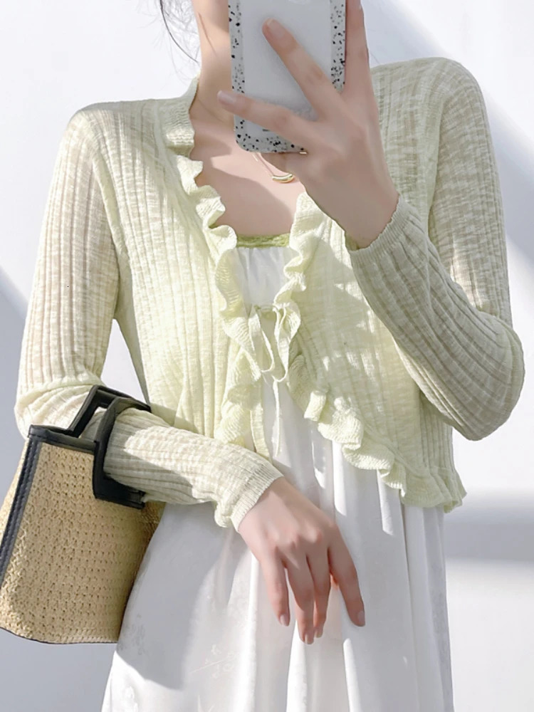 Lace border button long sleeved crop top womens short open front rib knitted cardigan summer Fairycore dress 250407