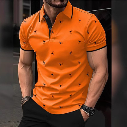 New mens lapel Polo flamingo short sleeved shirt with fashionable and personalized printed street style short sleeved top