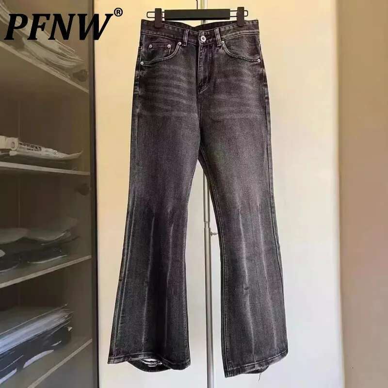 Distressed Niche Design Black Grey Micro Flared Jeans Men's Loose Trend Straight Hole Bottom Casual Denim Trousers 28W5868