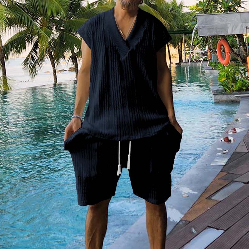 casual jacquard knit for men's summer loose oversized sleeveless T-shirt and shorts set