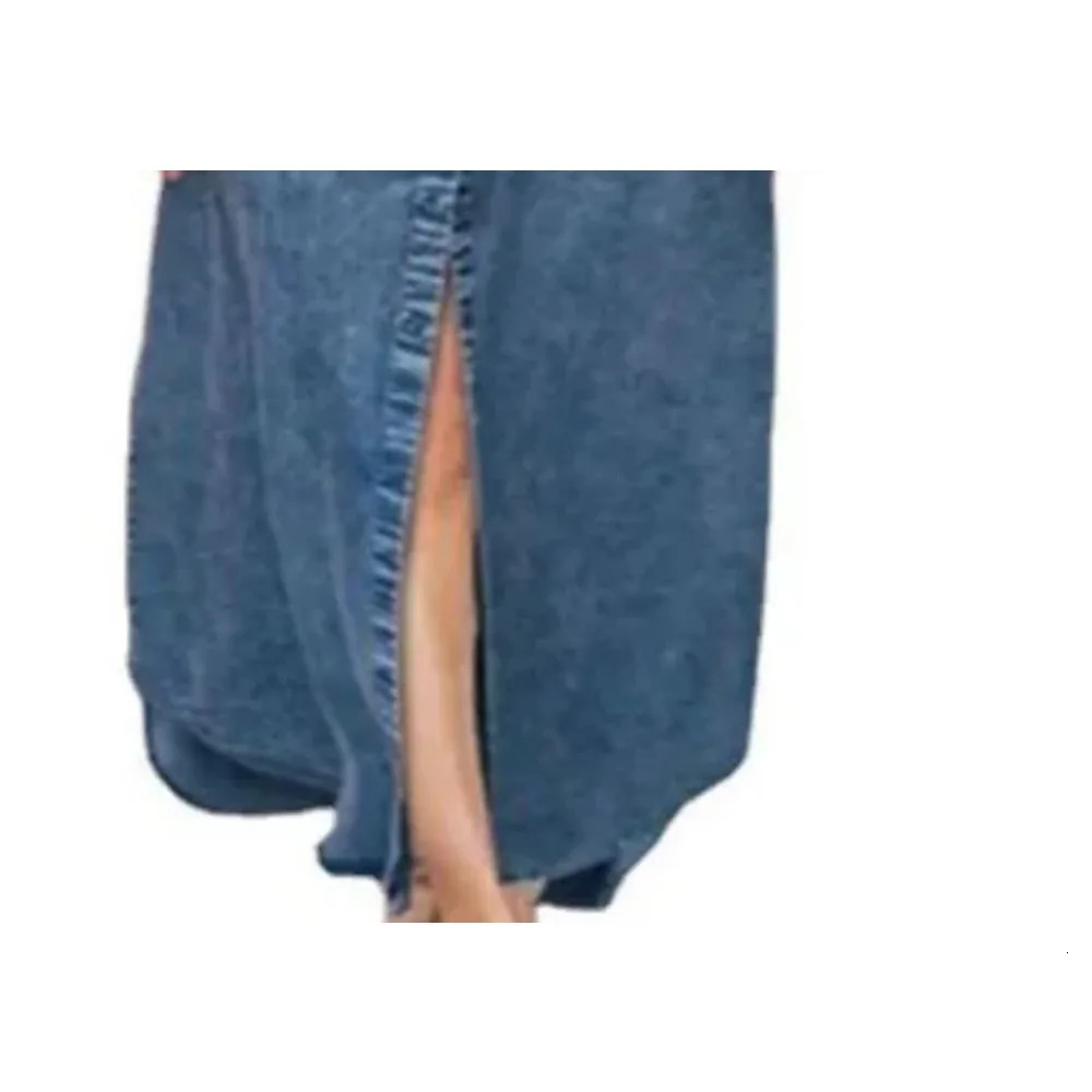 Summer womens L5XL Plus size loose solid color casual denim long skirt fashionable lapel button sleeved pocket 250414