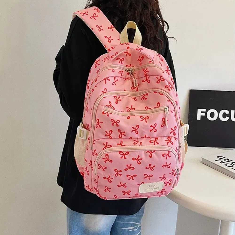 3 Pcs/Set Fashion Large Capacity Bow Backpack Bow Print Nylon School Bag Adjustable Strap Student BackpackW251114