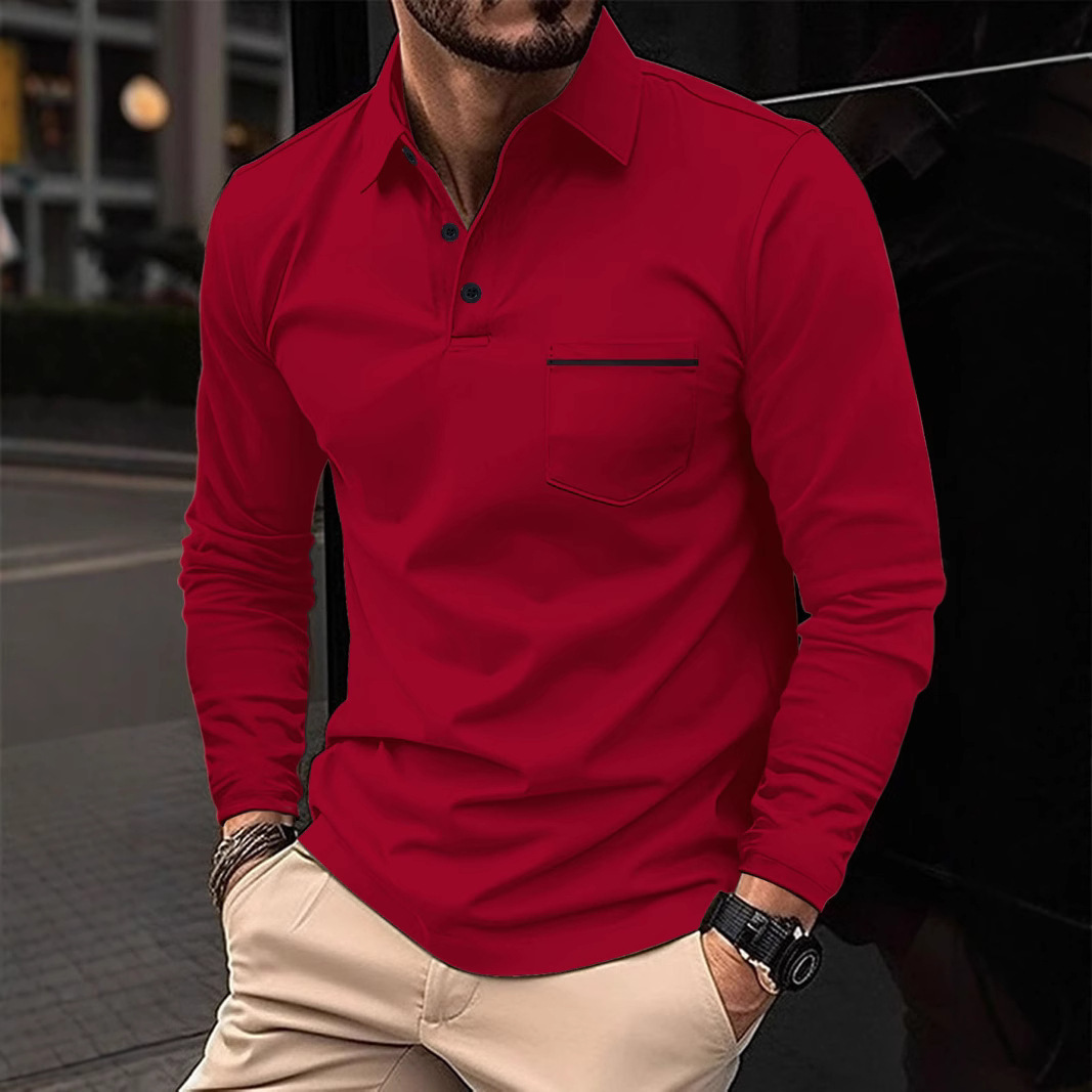 Fashionable mens polo shirt long sleeved lapel button pocket mens casual top