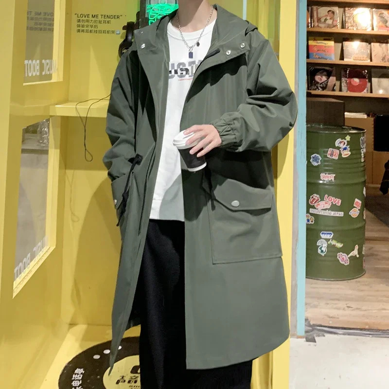 Autumn windproof jacket mens mid length pocket jacket Hong Kong style fashionable and handsome hooded jacket trench coat 250415