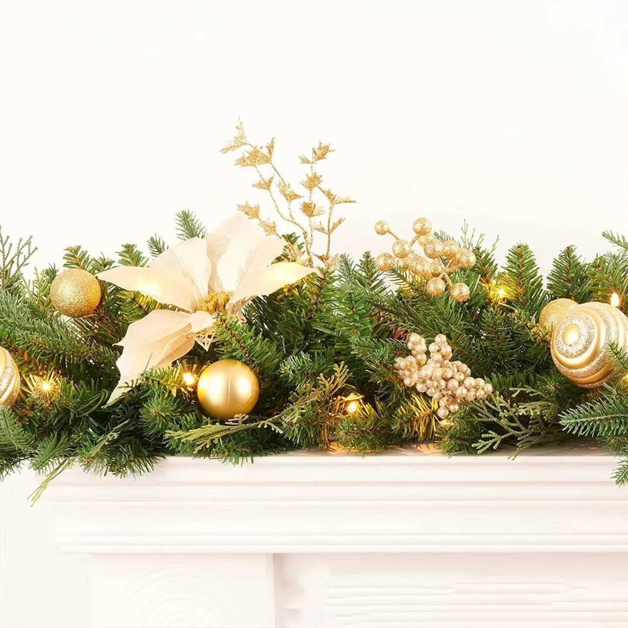 15/18/27m Christmas Rattan Christmas Ball Pinecone Garland With LED Light Festival Wreath For Fornt Door Christmas DecorationM251115