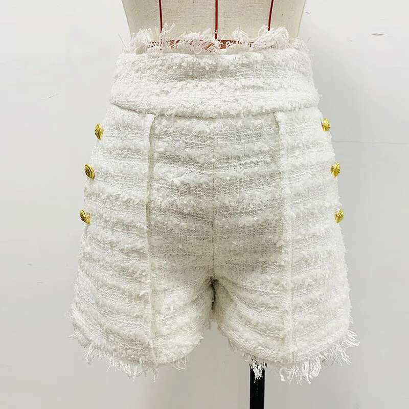 JAMERARY Double Breasted White Jackets Coats Women Tweed Sets Golden Button Tassels Blazer Wide Leg Short Pants Suits